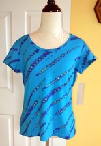 LAURA ASHLEY Beaded/Sequined Turquoise Blue Tie-Dye Shirt w/ Cap Sleeves... - £13.63 GBP