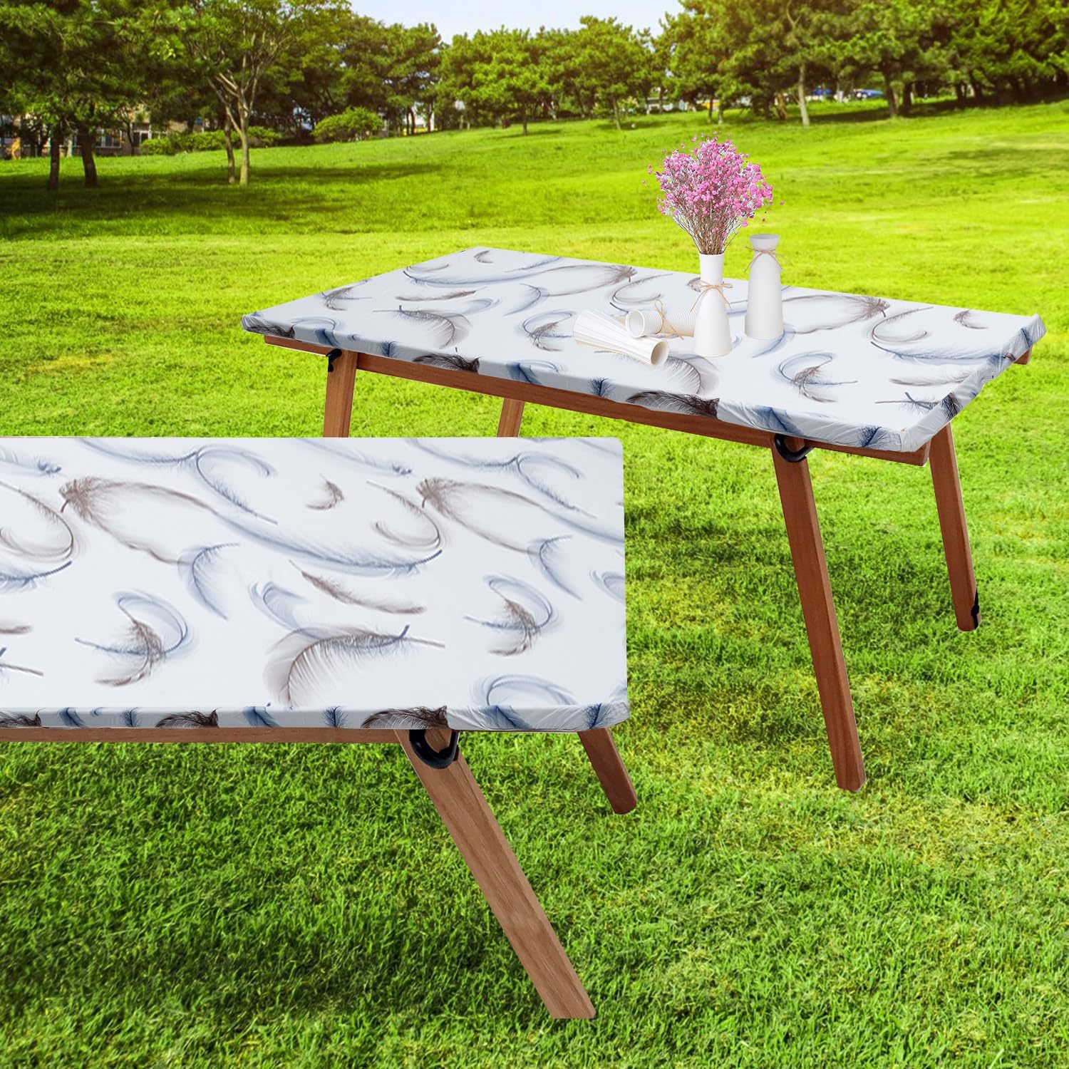 2 Pcs 6 Ft Feather Elastic Fitted Edge Table Cover Rectangle Vinyl Outdoor Table