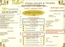 Safari Steak House Placemat Menu St Thomas Ontario Canada 1960&#39;s - $13.86