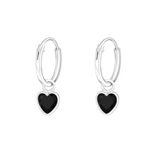 Hanging Heart Hoop Earrings 925 Silver with Jet Cubic Zirconia - £13.23 GBP