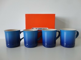 NIB LE CREUSET Blueberry Blue Stoneware Mugs Cups Embossed Lettering Set of 4 - $96.99