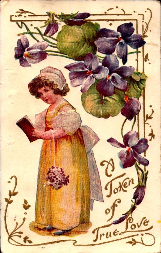 Primary image for HEAVILY EMBOSSED POSTCARD-A TOKEN OF TRUE LOVE-GIRL WITH BOOK & FLOWERS BKC2