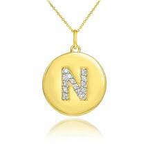Solid 10k Yellow Gold Letter &quot;N&quot; Initial Diamond Disc Charm Pendant Necklace - £191.71 GBP+