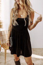 Black Velvet Square Neck Sleeveless High Waist Mini Dress with Pockets - $14.64