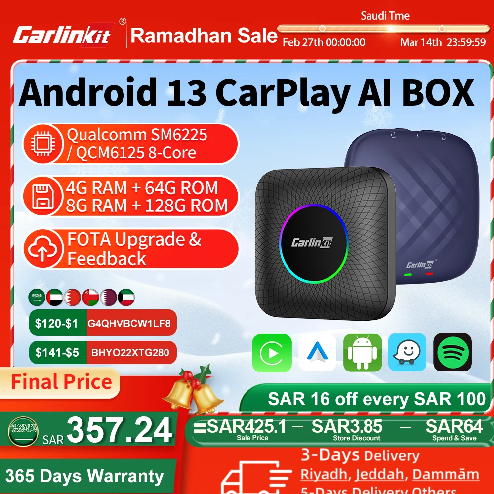 2024 CarlinKit CarPlay AI Box Android 13.0 QCM6225 8-Core Android Auto Wireless - £137.13 GBP+