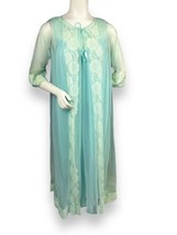 Vtg 60s Double Chiffon Aqua Blue Ivory Floral Lace Set Nightgown Peignoi... - £46.71 GBP