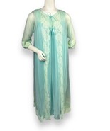 Vtg 60s Double Chiffon Aqua Blue Ivory Floral Lace Set Nightgown Peignoi... - £46.92 GBP