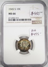 1945-S Silver Mercury Dime Rainbow Tone NGC MS 66 Certified Coin AG979 - £376.72 GBP