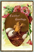 Gilt Egg Baby Chick Carnation Flowers Embossed 1910 DB Postcard I10 - £3.07 GBP