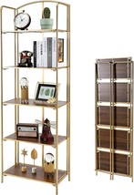 Crofy No Assembly Folding Bookshelf, 5 Tier Gold Bookshelf, Metal Book Shelf For - £166.25 GBP