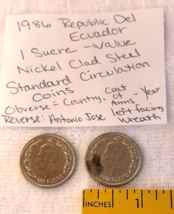 Ecuador 1 Sucre Coin  Antonio Jose de Sucre 1986 Nickel Clad Steel Set of 2 - $7.97