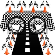 24 Pieces Race Car Party Supplies Include Traffic Cones Checkered Flag Flags Tab - £37.82 GBP