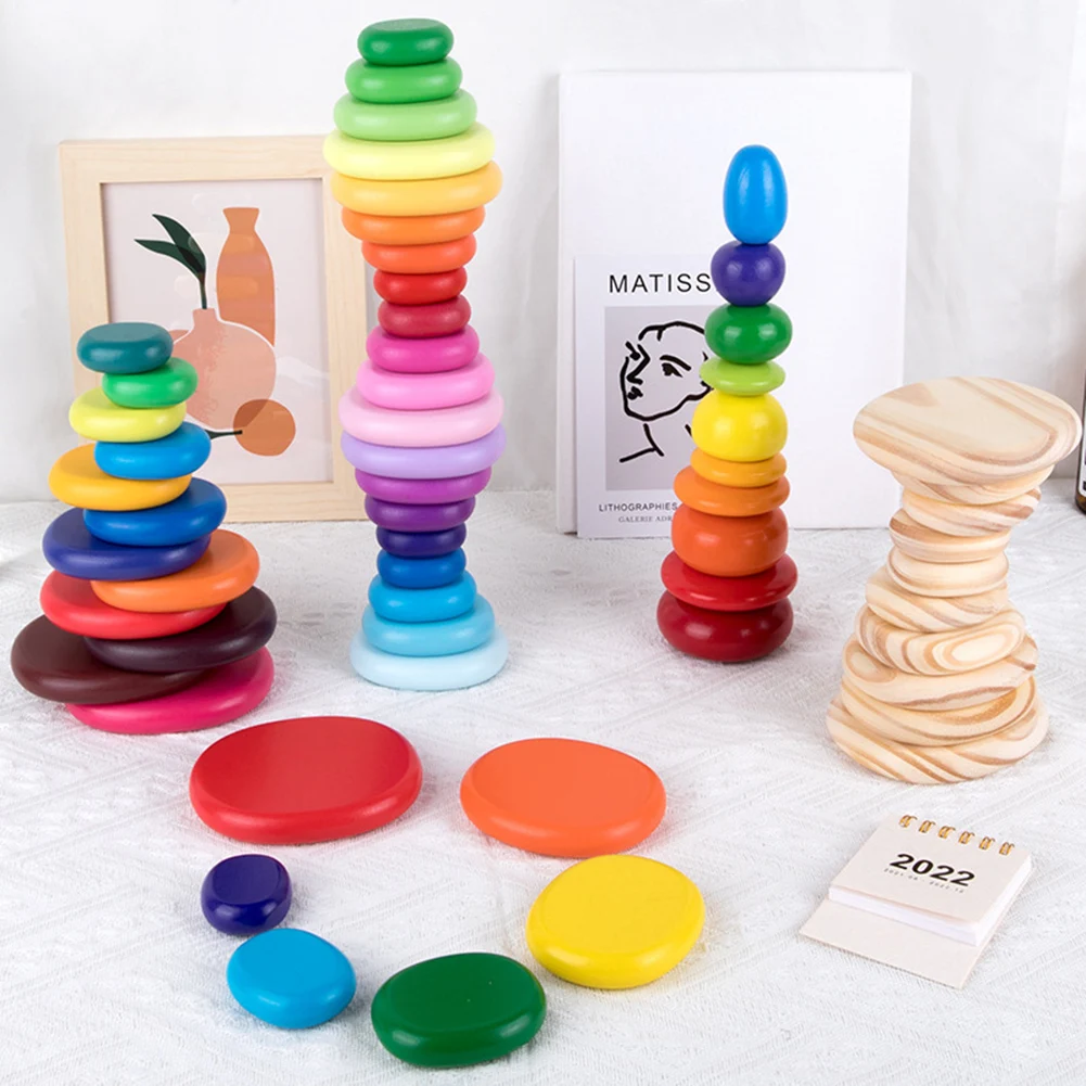 Wooden Rainbow Stacking Stones Montessori Rainbow Building Blocks Toys Gradient - £18.24 GBP+