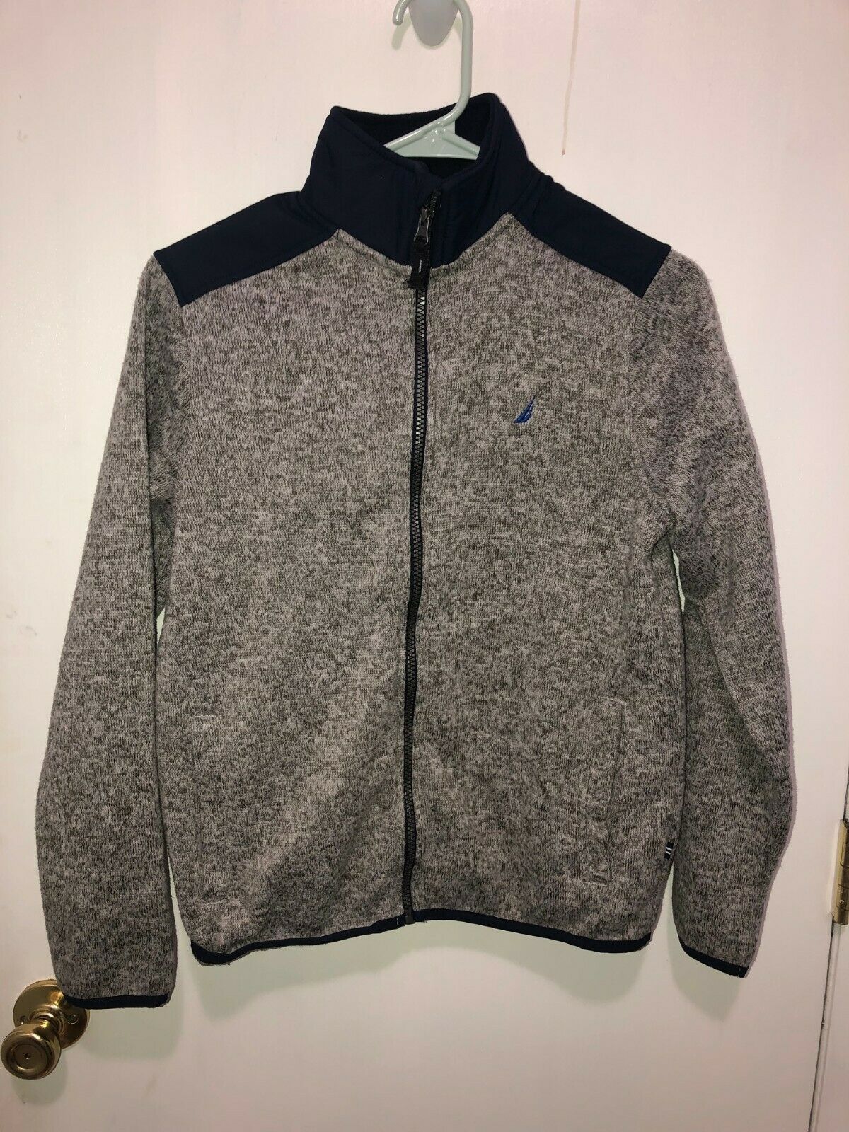 Nautica Boys SZ Large 14-16 Sweater Fleece Jacket Mock Neck Full Zip Gray & Blue - $9.89