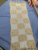 Vintage Hand Crochet Table Runner Dresser Scarf White Beige Doily 15”x35” SC43 - £10.68 GBP