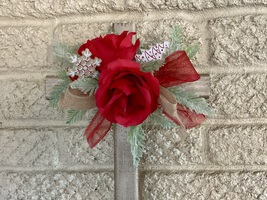 Christmas Cemetery Cross: Red Roses grave flowers, Winter Grave Decoration - $26.00