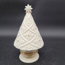 Ceramic Christmas Tree Hinged Trinket Box White Gold Stars Holiday Decor 6&quot; - $14.84