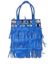 Soy Tertulia Custom Hand Paint Blue Leather Fringe Shoulder Bag 13&quot;×13&quot; - $1,062.00 MXN