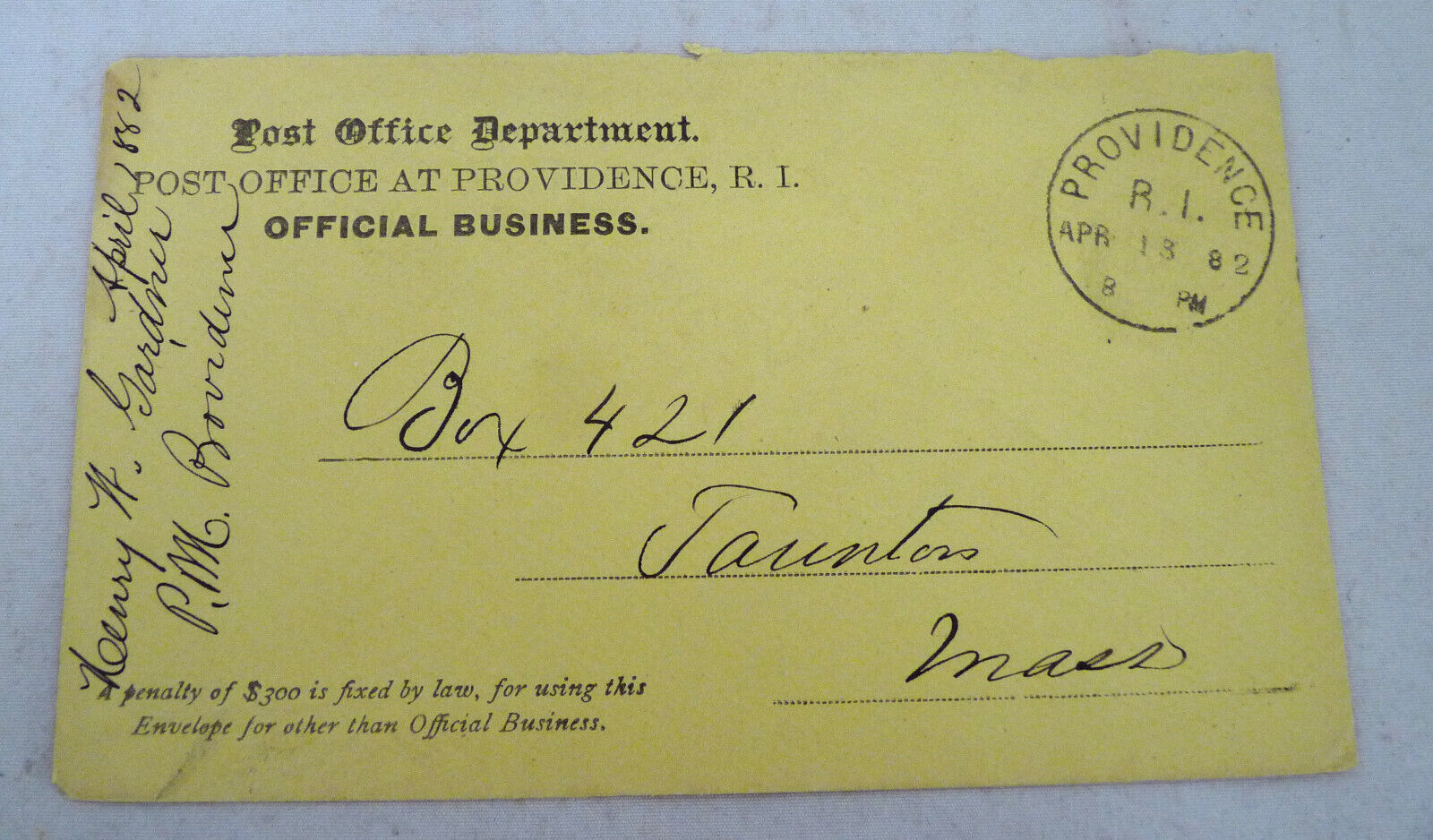 1882 Providence RI post office advertising cover Taunton MA postmaster Gardner Item image 2
