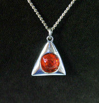 Big ORANGE RHINESTONE Triangle Pendant Vintage NECKLACE Silvertone 24&quot; C... - $12.99