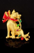 Vintage dog brooch / Signed Christmas pin -  dog pin / pet sitter gift /... - $55.00