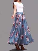 Summer Dusty Blue Floral Chiffon Skirt Outfit Women Plus Size Long Silky Skirt image 3