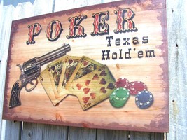 Texas Hold Em Poker wood sign, Old style casino bar tavern card playing ... - £37.91 GBP