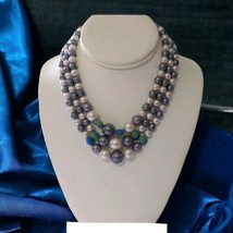 Multi Strand Beaded Necklace Japan MCM Adjusts Blues Pink Gold Tone Pearlized  - $14.83