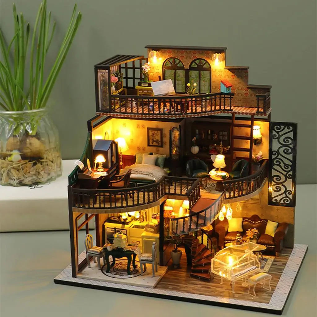 3D Doll House Kit Miniature DIY Retro Villa Handmade Wood Doll House for - £32.69 GBP+