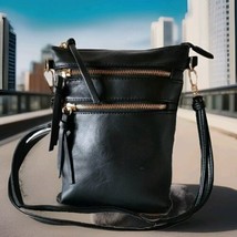 Womens Crossbody Bag Black Faux Leather Adjustable Strap Multi Section Zippered  - £11.84 GBP