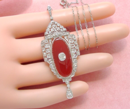 Antique Art Deco 1.40ctw Diamond Carnelian Statement Pendant 18” Necklace 1930 - £4,081.64 GBP