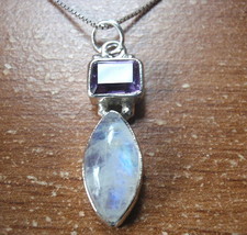 Faceted Amethyst and Moonstone Marquise 925 Sterling Silver Necklace - £14.37 GBP