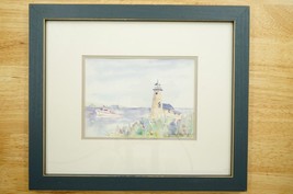 Framed Art Watercolor Litho Print by Sarah Malin Lighthouse Waterfront Boat Bay - £25.89 GBP