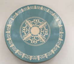Vintage shabby chic country blue with white design round metal tin conta... - $19.75