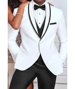 White Shawl Tuxedo Jacket with Black Satin Piping Lapel Slim Fit - $247.50