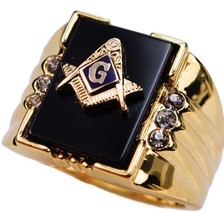 Mens Masonic Mason 14K Gold Bonded Sapphire Onyx Cz Ring Size 9,10,11,12,13,14 - £71.93 GBP