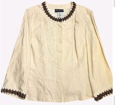 Cream And Brown Beaded Long Sleeve Button Down Tunic Boho Style Top - $28.71