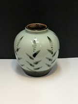 Vtg Oriental Style Hand Painted Celadon Green Glaze Round Vase 5.5” - £42.90 GBP