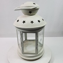 Vintage Lantern Country Stars Metal Glass Off White Painted 16x9 Inch - $49.00