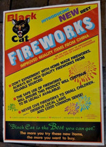 Rare Vintage Li &amp; Fung Black Cat Fireworks Blue/White Font 17x23&quot; Yellow Poster - £45.45 GBP