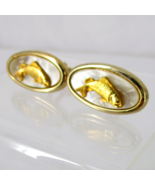 Vintage Fish Oval Cufflinks Gold tone Mother Of Pearl Trout Fisherman - $26.71