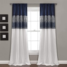 Set 2 Navy Blue White Sequin Striped Curtains Panels Drapes 84 in L Rod Pocket - £128.43 GBP