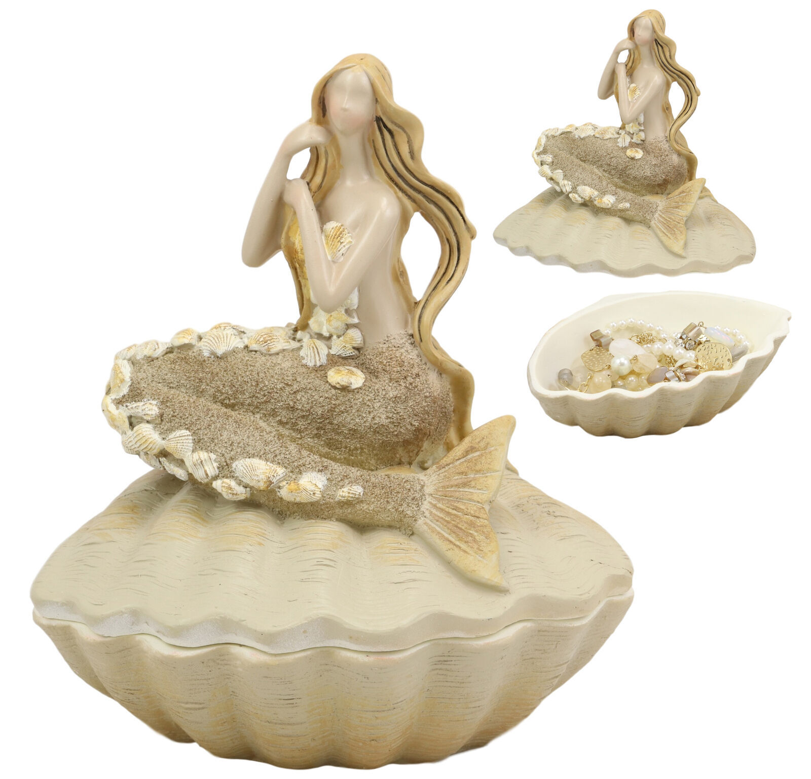 Sand Brown Abstract Mermaid Sitting On Giant Sea Shell Jewelry Box Figurine 7"H