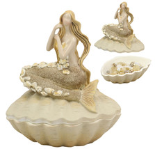 Sand Brown Abstract Mermaid Sitting On Giant Sea Shell Jewelry Box Figur... - $27.99