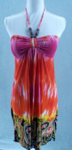 Raya Sun Womens Halter Dress Sz L Multicolor Bright Hawaiian Neck Wood Beads Nwd - $14.99