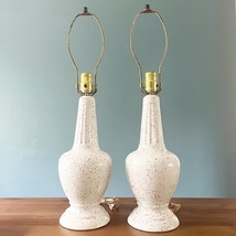 Pair Vintage Leviton MCM Table Lamps Mid Century White Ceramic W Gold Speckles - £112.71 GBP