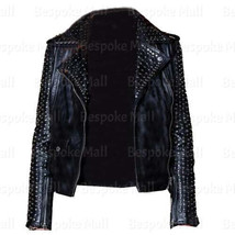 New Woman Punk Black Silver Studded On Sleeves Brando Cowhide Leather Jacket-991 - £303.69 GBP