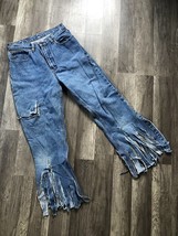 Jordache Jeans Womens 28 x 26 Blue Fringe Bottom Cropped Fur Patches VTG... - $185.64 MXN