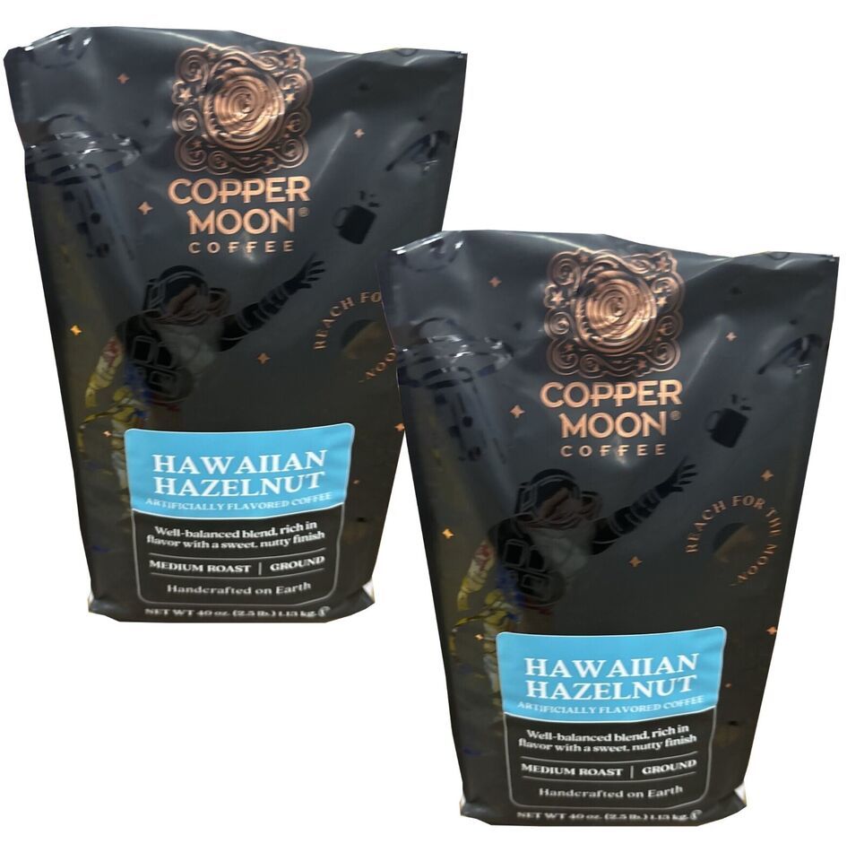 2 Packs Copper Moon World Coffee Hawaiian Hazelnut Ground Medium Roast