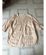 Peach J JILL Love Linen V Neck T Shirt Tunic pleated front 3/4 sleeve EUC - £33.16 GBP